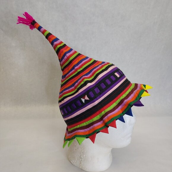 Handmade Traditional Hill Tribe Festival Hat Cone Shape Vibrant Patchwork Stripe - Picture 1 of 10